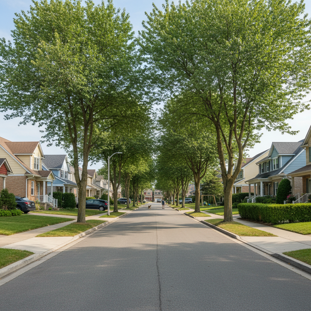 Sunny suburban town streets with houses and parks in warm daylight