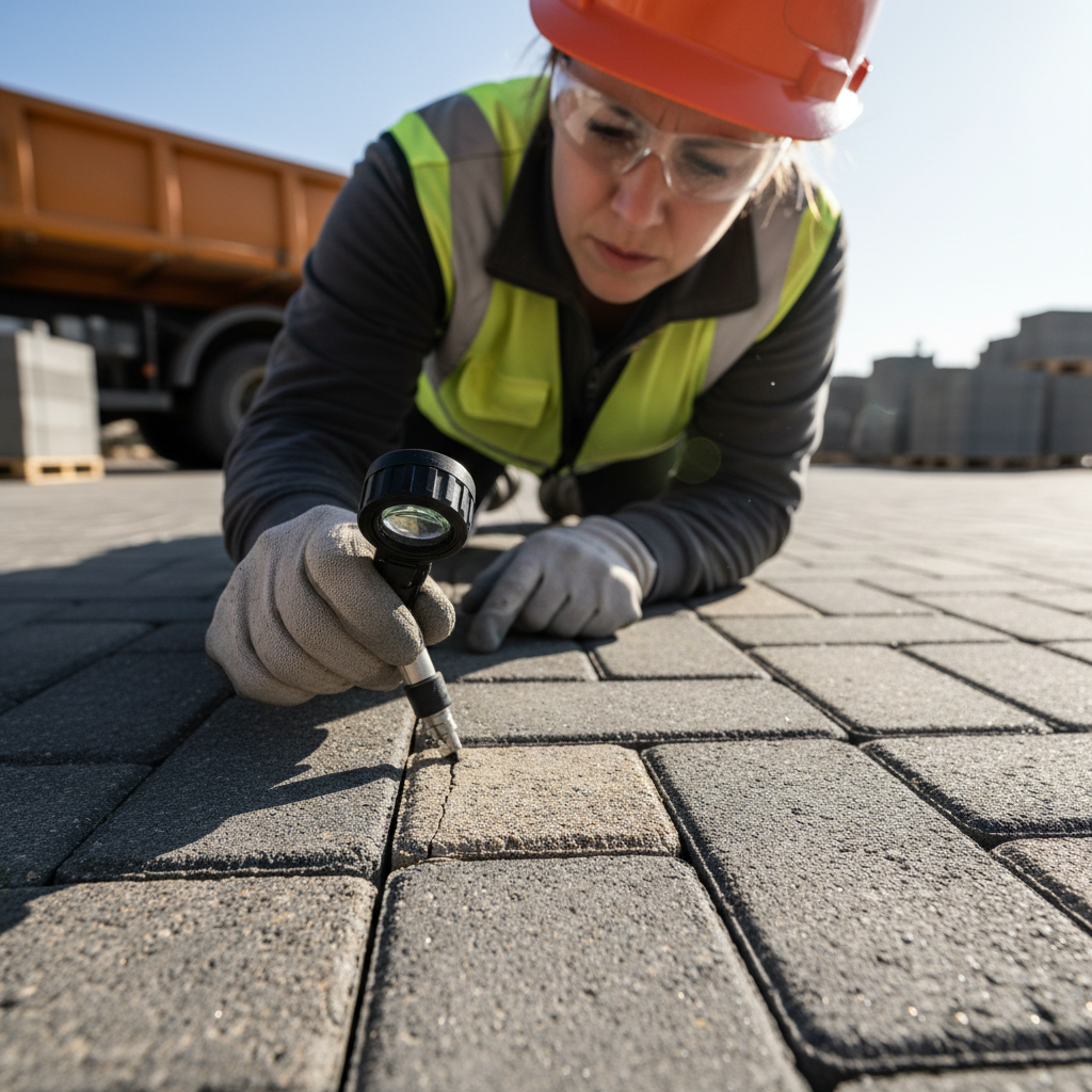 Bree Nguyen, Slab paver specialist, examining interlocking pavers on a completed driveway project