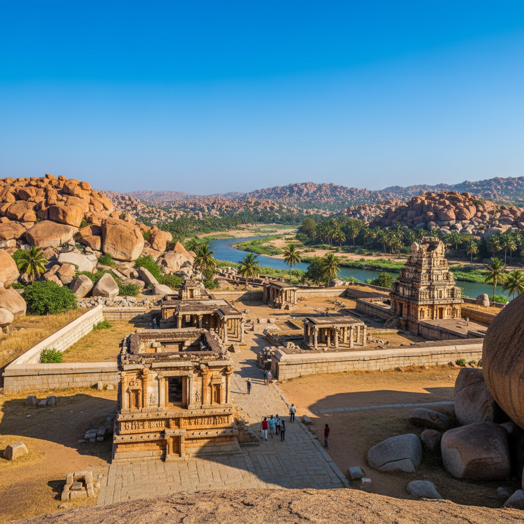 Ancient stone temple ruins with giant granite boulders and dramatic rocky landscape at golden hour in Hampi