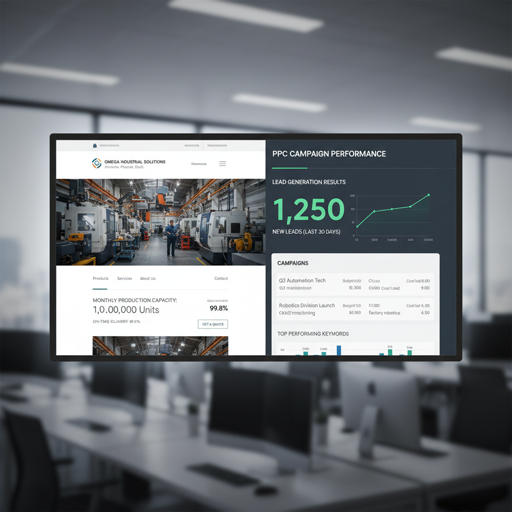Manufacturing company website and PPC campaign dashboard showing lead generation results