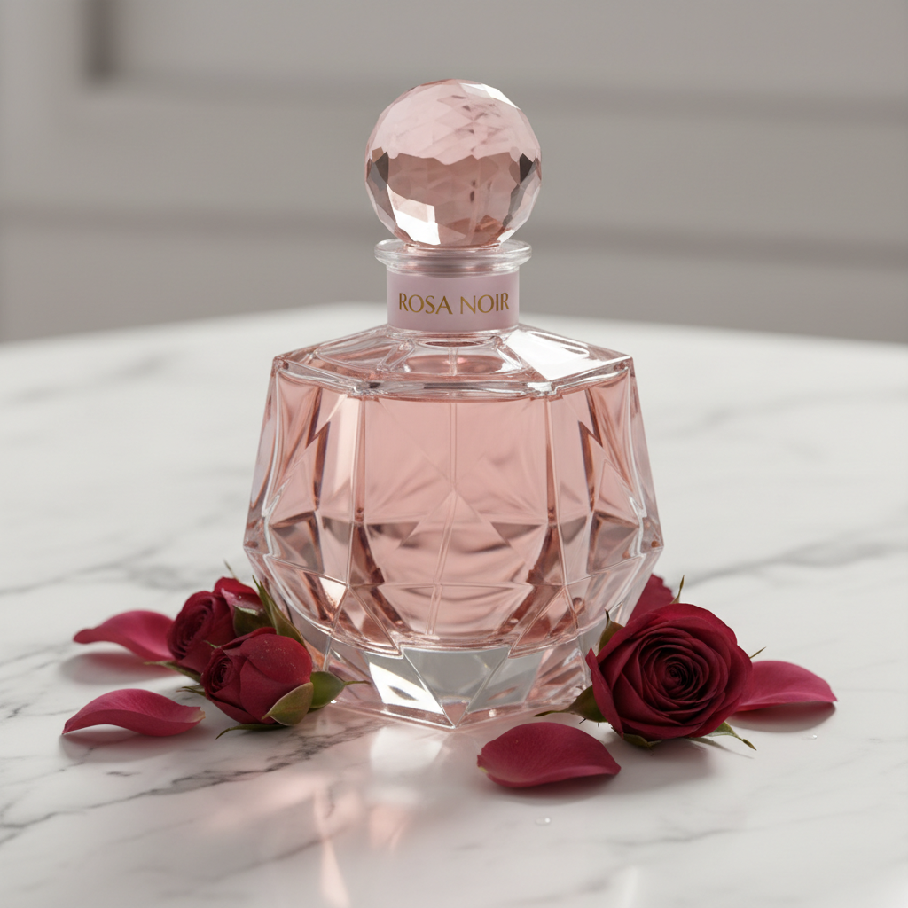 Faceted crystal perfume bottle with rose-tinted light, dark velvety background, editorial luxury