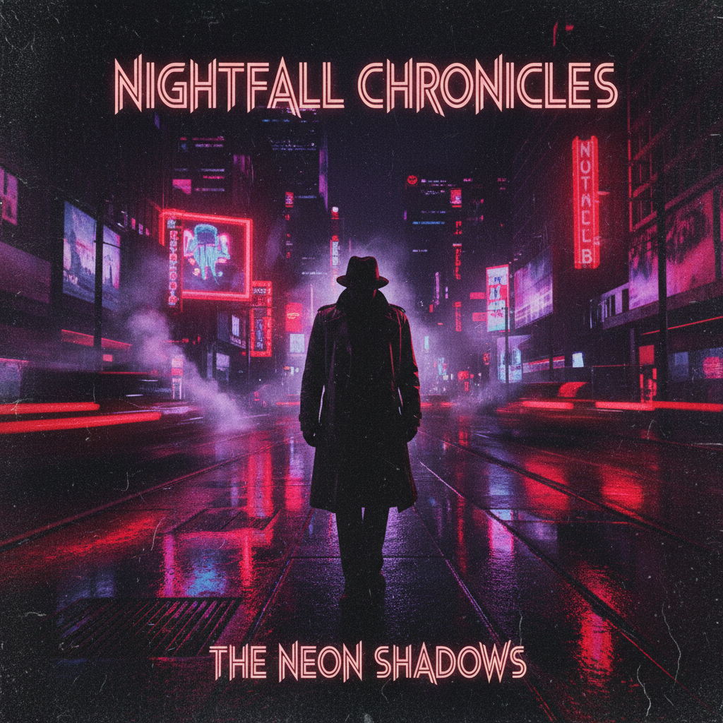 Dark neon graphic design album cover artwork, electric blue and red tones, bold typography, deep black background