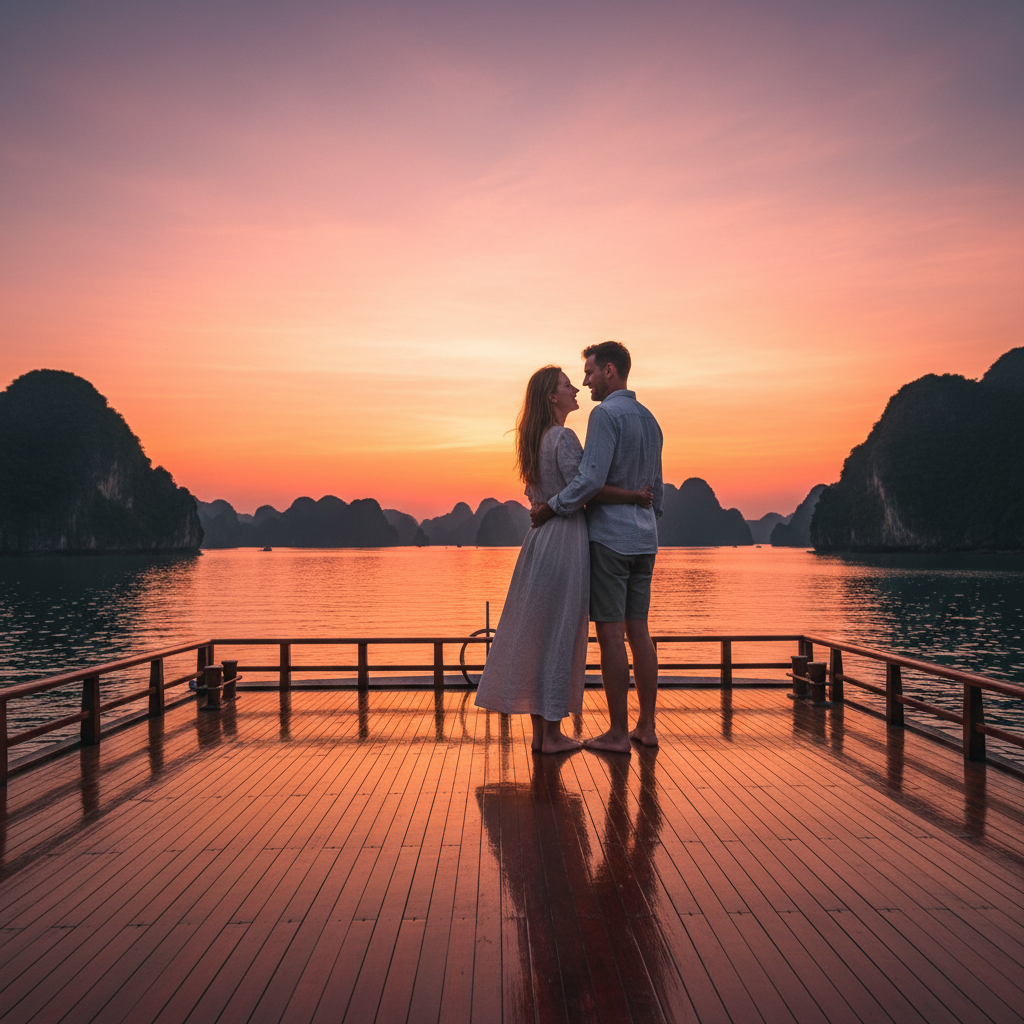 Couple on the teak deck of a private junk boat in Ha Long Bay at sunset, limestone karsts silhouetted against orange sky