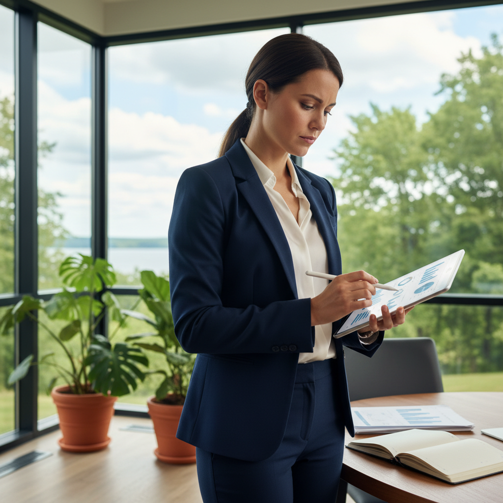 Professional woman scientist in business attire reviewing technical documents in modern office