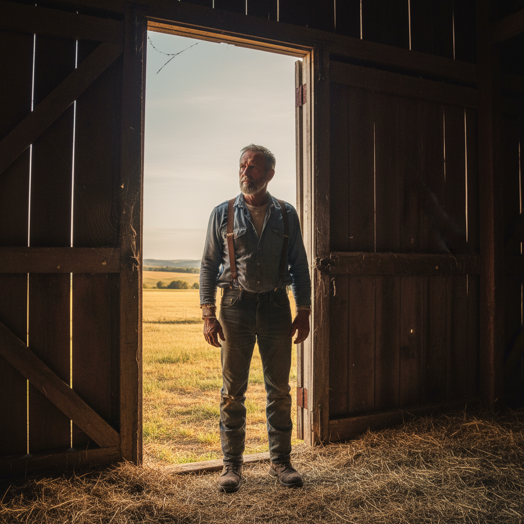 Marcus Hollenbeck, middle-aged man with weathered features standing in a barn doorway
