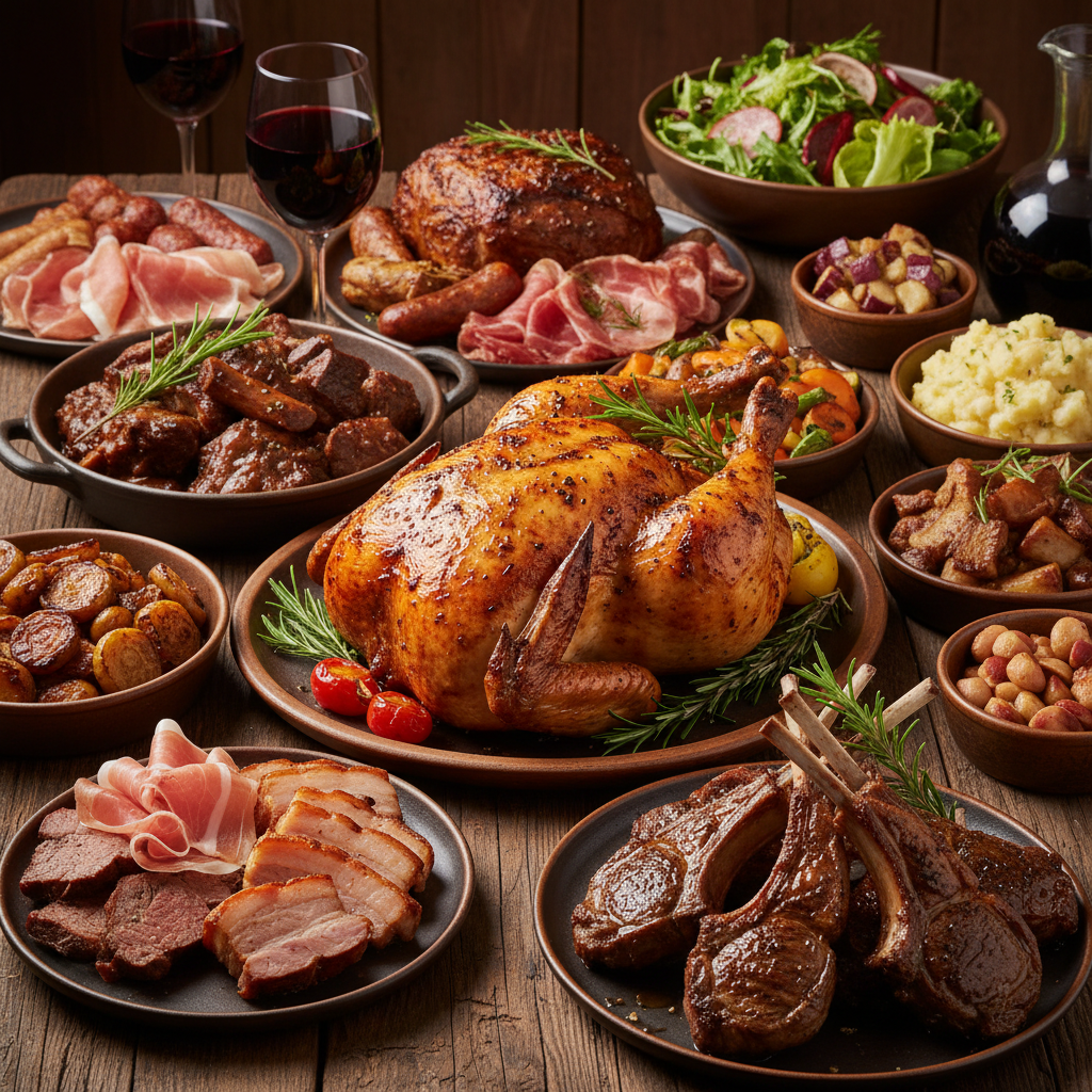 Elaborate dinner party spread with multiple dishes on a long reclaimed wood table