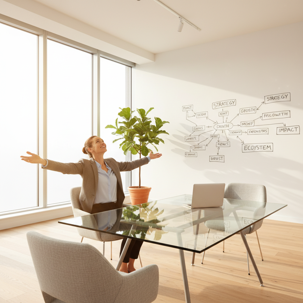 Entrepreneur having breakthrough moment in bright coaching office, open body language, natural daylight