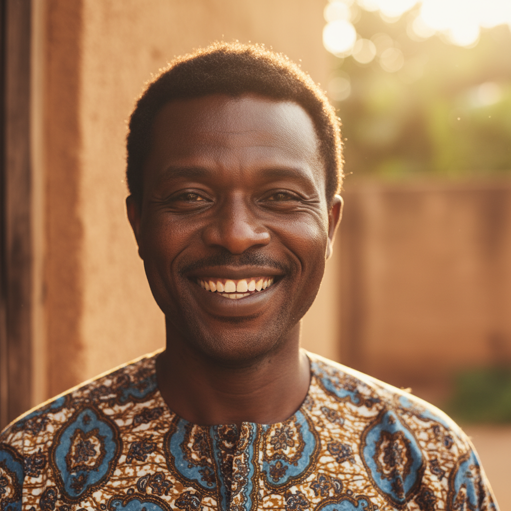 Nigerian man Emmanuel smiling proudly outside his small business, representing JJHF rehabilitation program success