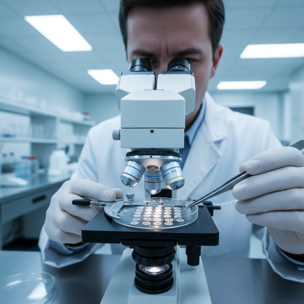 Quality control specialist in white lab coat examining food samples with microscope in modern laboratory