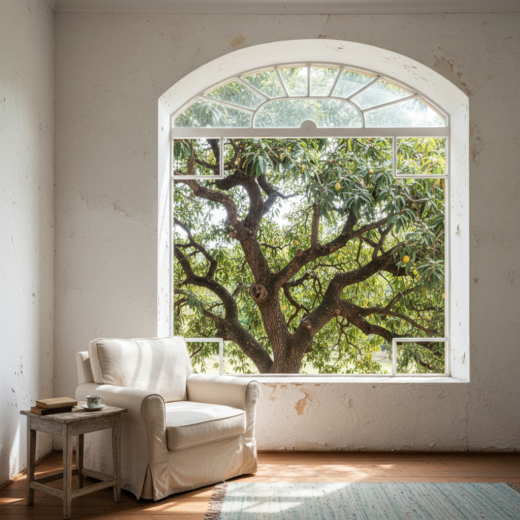 Classic room with whitewashed walls and 100-year-old mango tree view