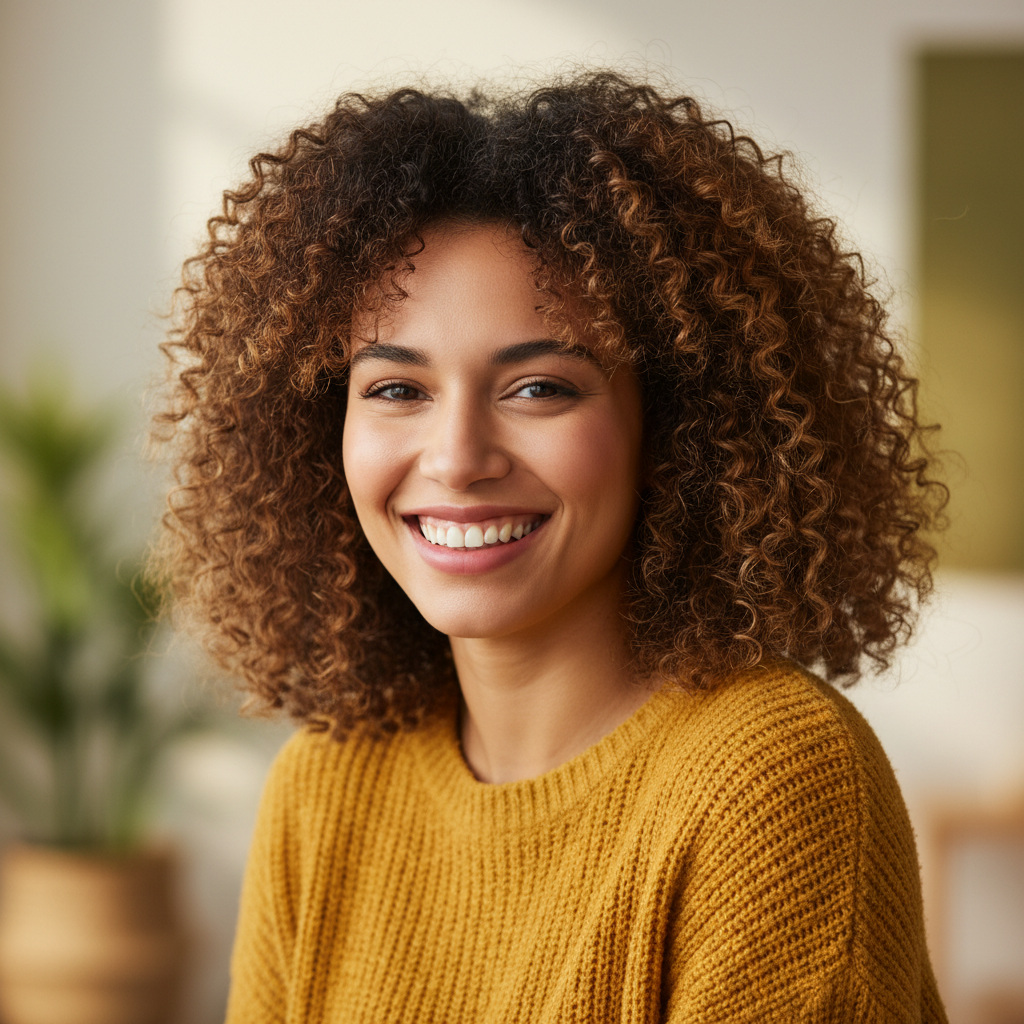 Young woman with curly hair smiling in bright studio, warm natural light