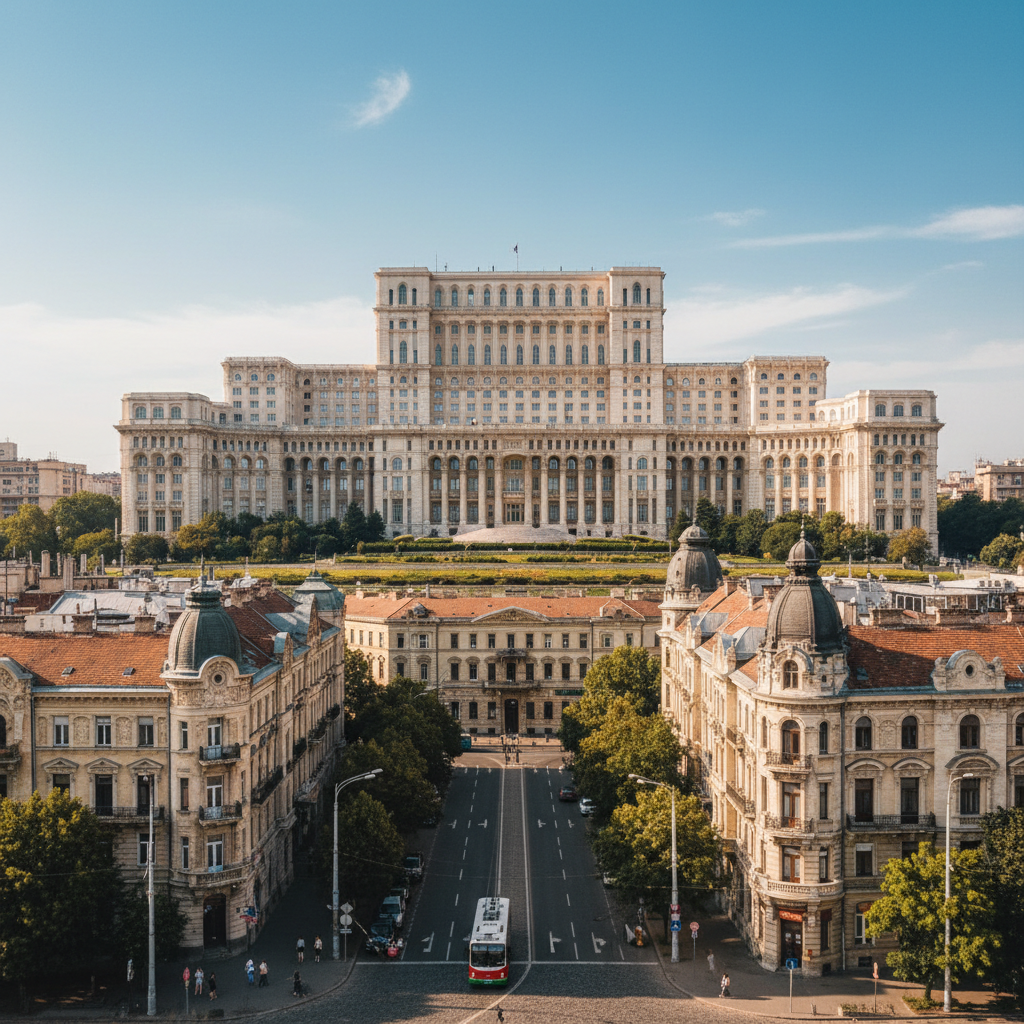 Bucharest Palace of Parliament and city center with historic buildings