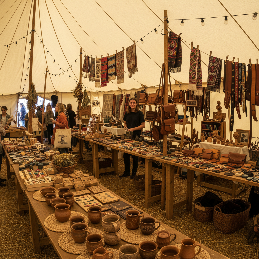 Artisan craft market tent with handmade goods displayed on wooden tables