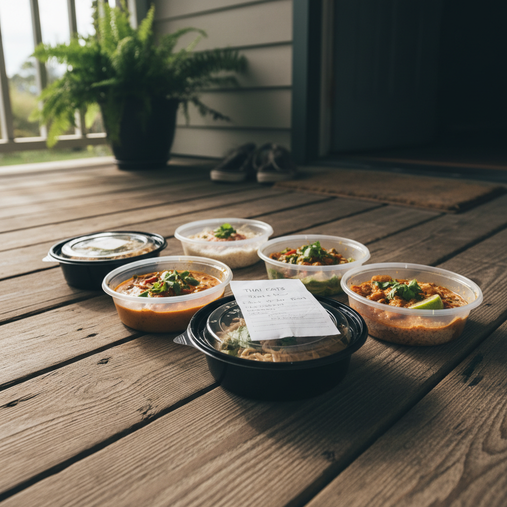 A handwritten note tucked into a Savor delivery bag resting on a doorstep in evening light