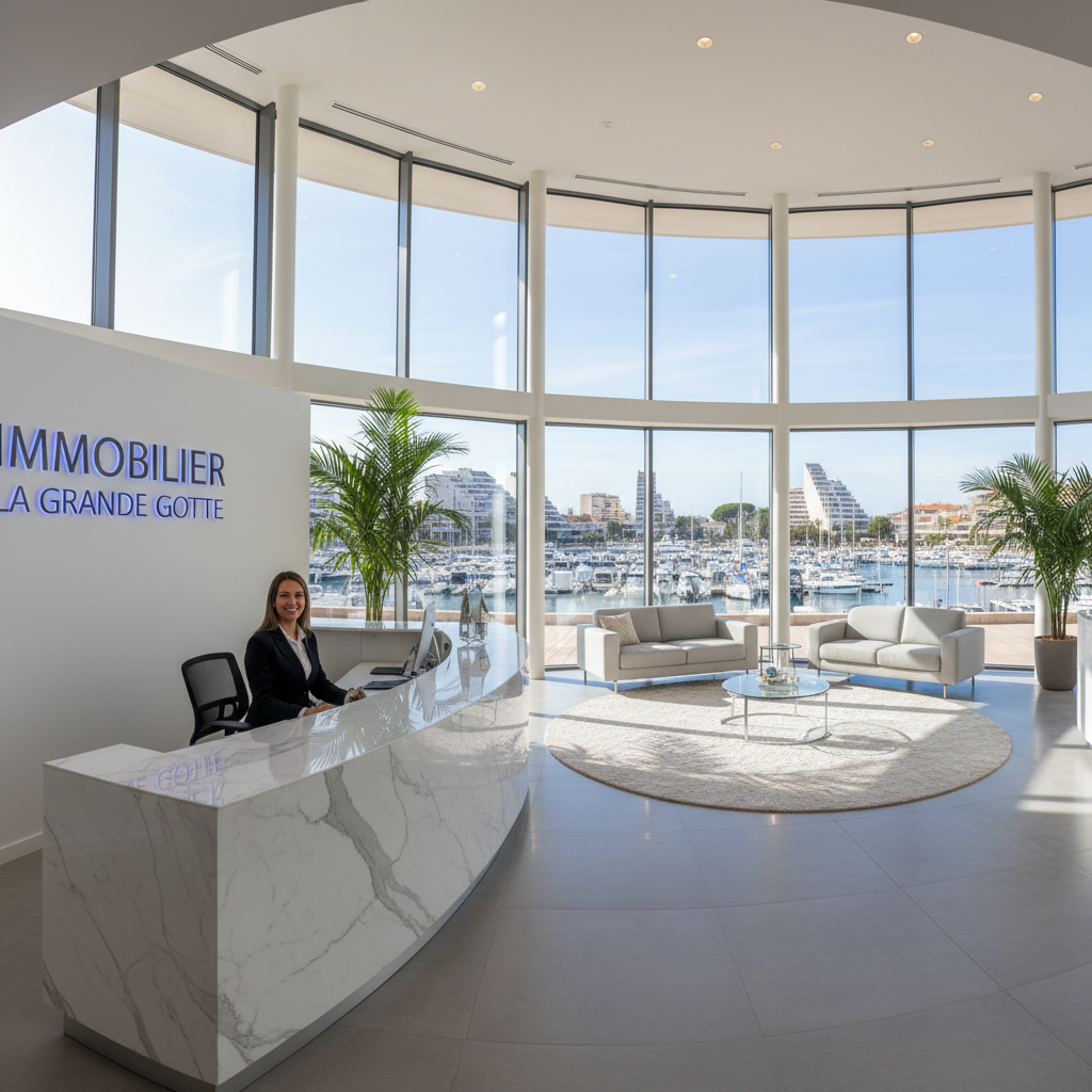 Modern office reception desk with white quartz surface, clean corporate design, professional finish