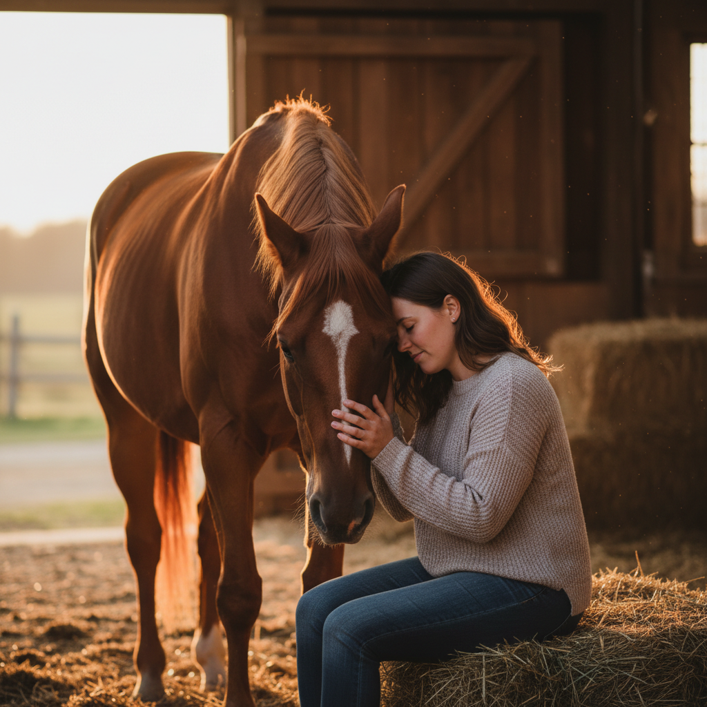 Woman sitting quietly beside a horse in a golden-lit barn, forehead resting gently against the horse's neck, eyes closed in a moment of deep connection