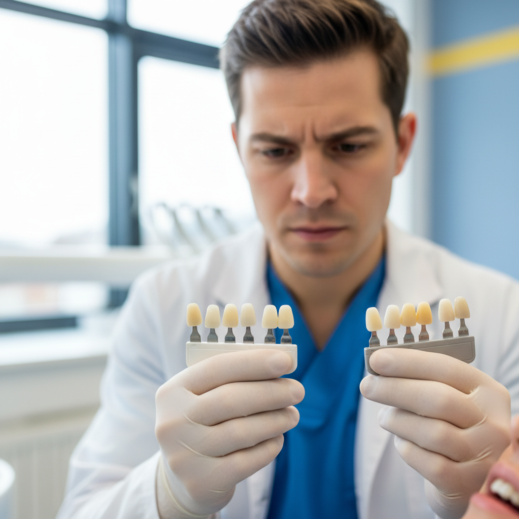 Dentist examining porcelain shade samples in natural daylight
