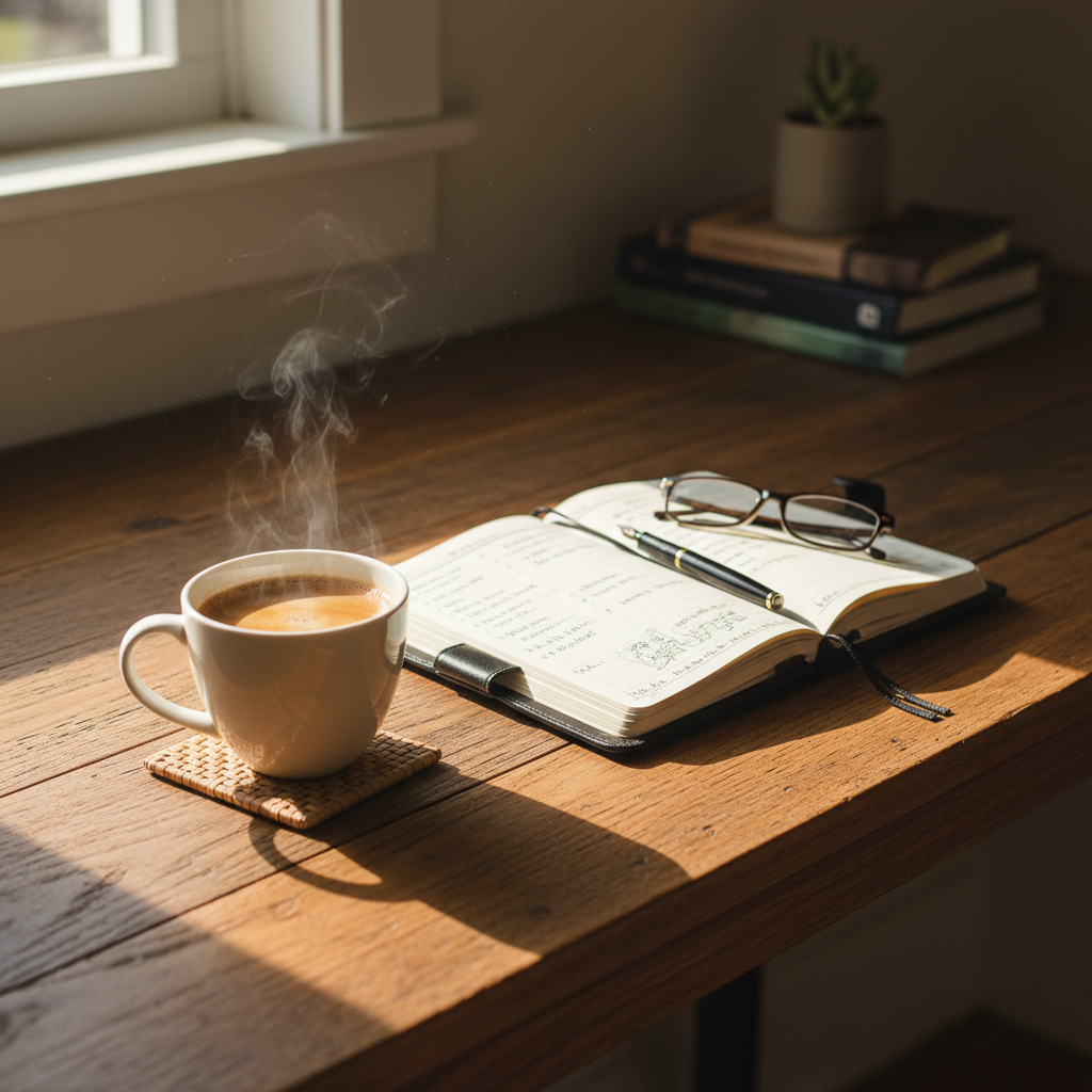 Morning coffee and planner on wooden desk with sunlight creating warm shadows