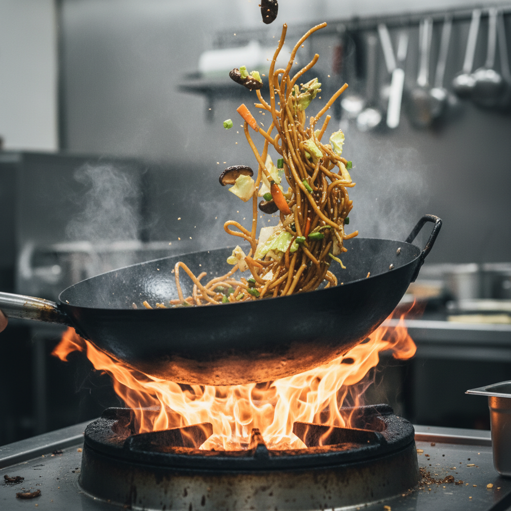 Steaming wok with soy-glazed noodles being tossed over high flame