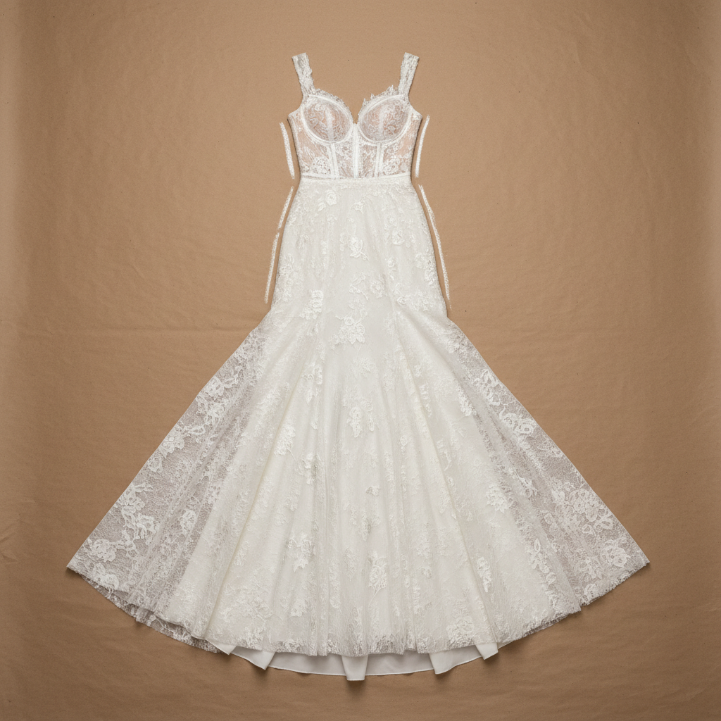 Ivory wedding gown laid flat on kraft paper with chalk marks at bodice