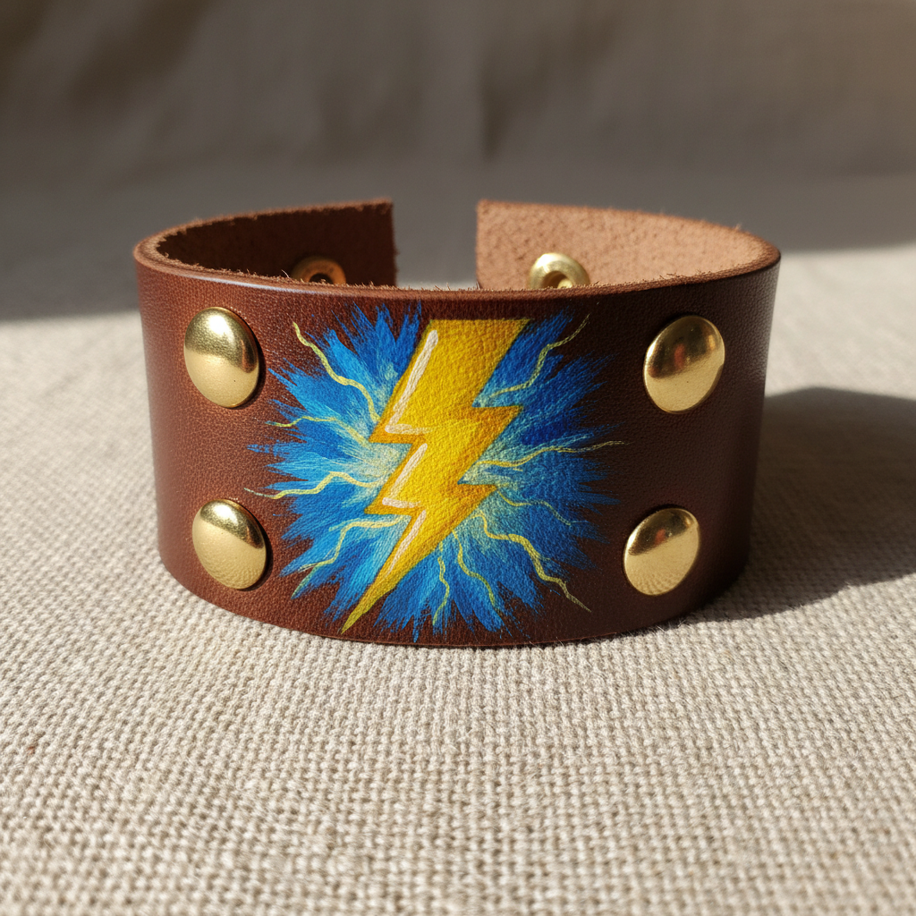 Leather cuff with hand-painted lightning bolt design and brass rivets