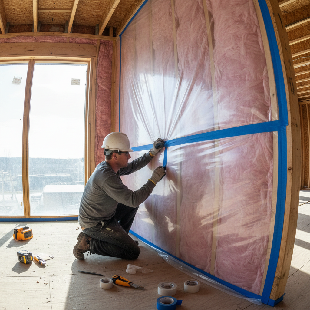 Worker installing vapor barrier membrane on insulated wall assembly with careful seam taping