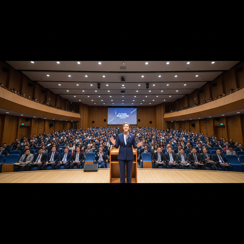 TEDx stage presentation with Kavita Thakur speaking to a packed auditorium