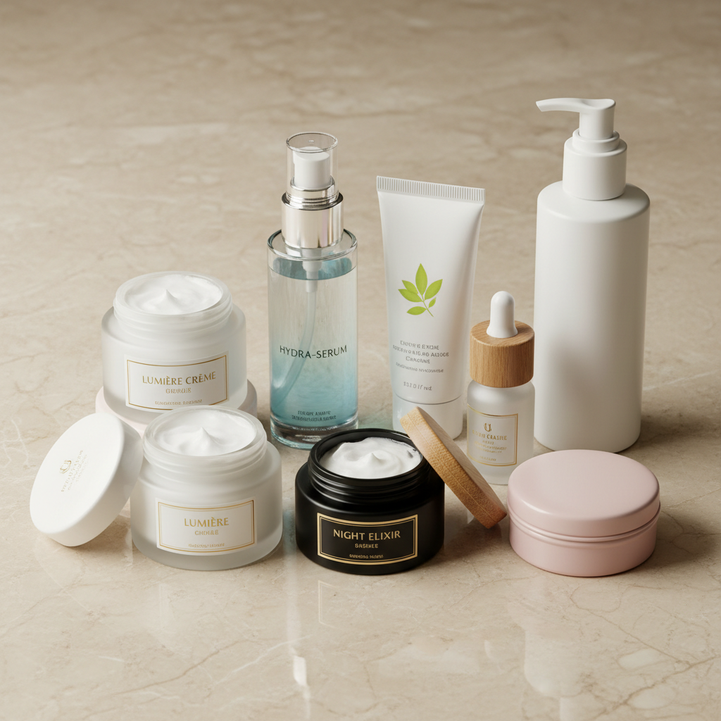 Luxury skincare product flat lay on dark marble, moody studio lighting, editorial photography, deep shadows