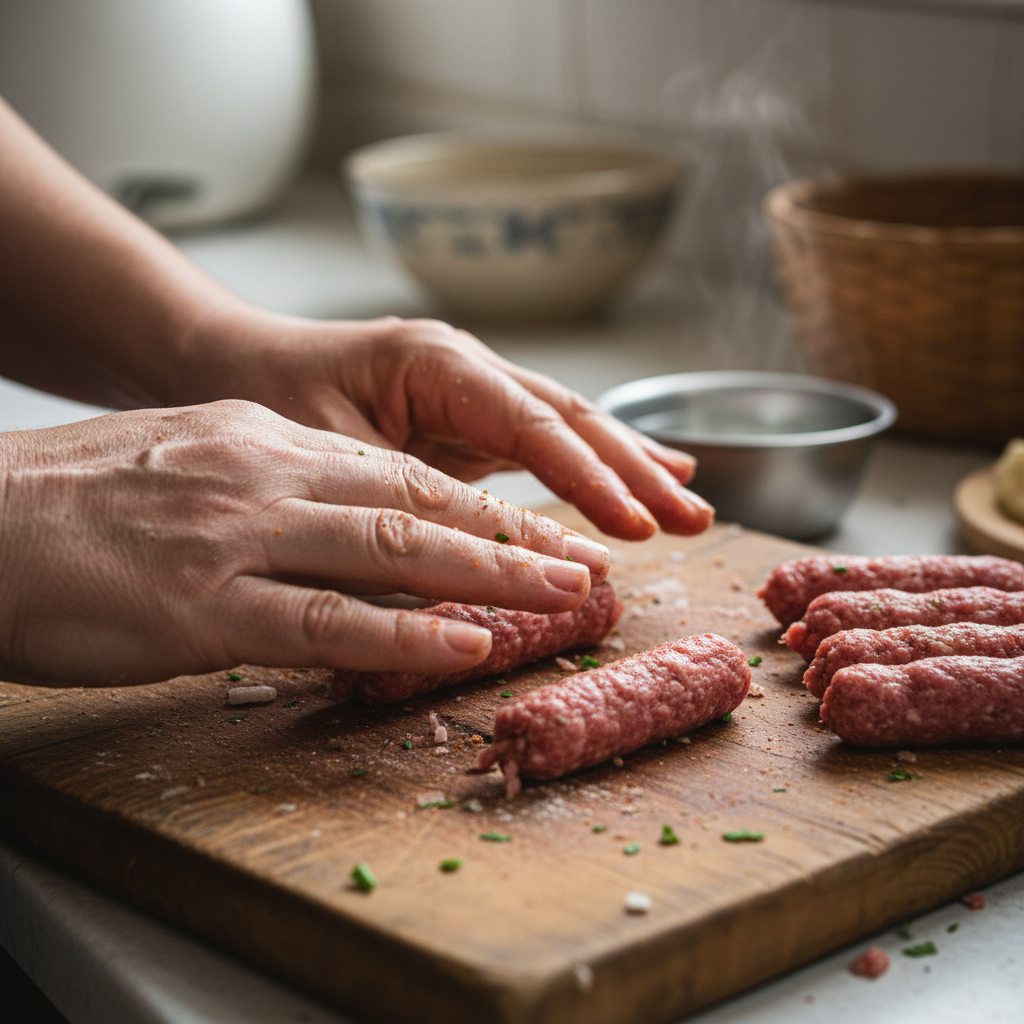 Freshly grilled Bosnian ćevapi sizzling on the grill with smoke rising, close-up food photography