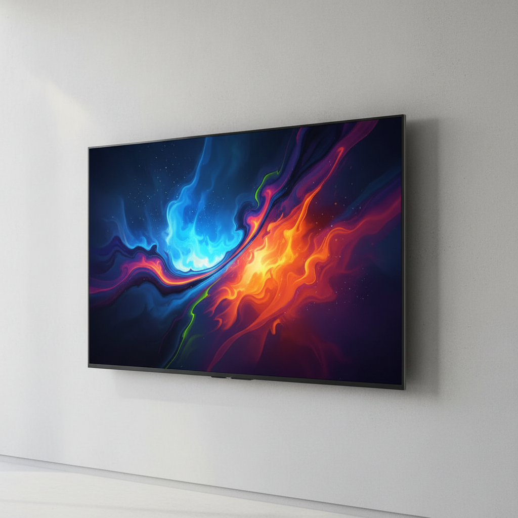 Modern flat-screen smart TV mounted on white wall, minimalist living room, bright natural light