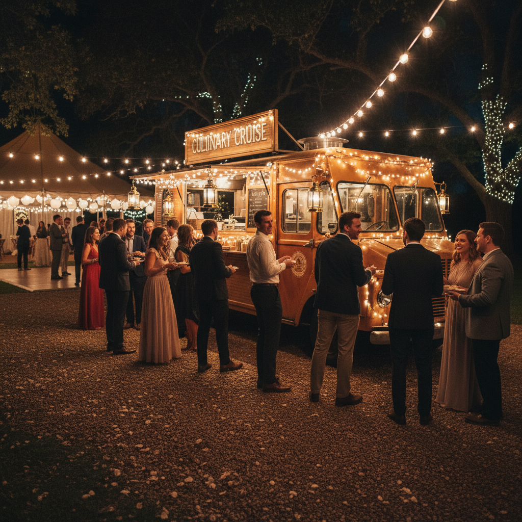 Food truck glowing warmly under string lights and brass lanterns at a nighttime wedding reception