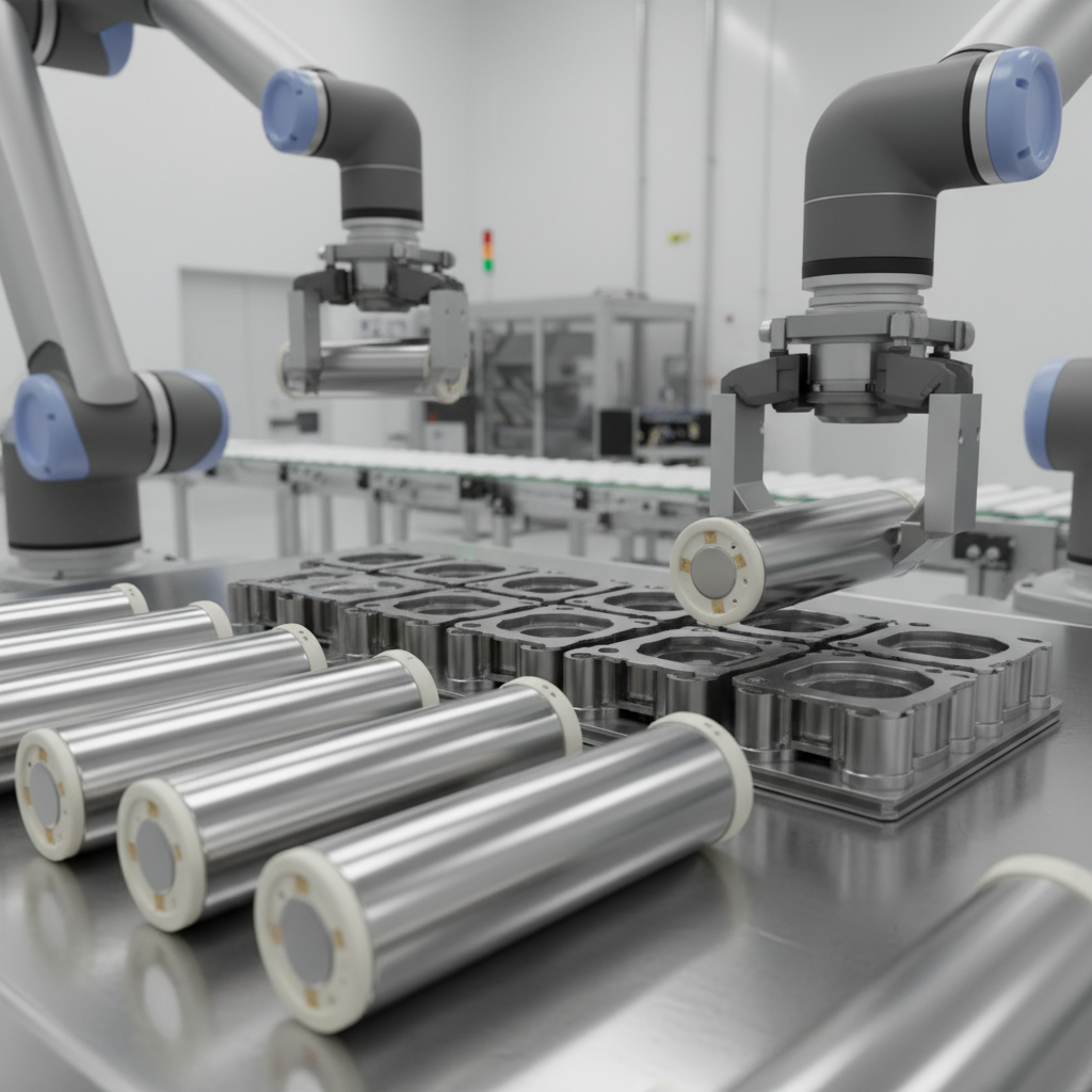 High-tech battery cell manufacturing line showing rows of cylindrical lithium-ion cells in clean room environment with robotic assembly