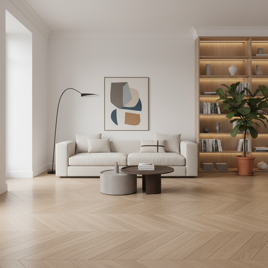 Modern minimalist living room with white sofa and wooden furniture