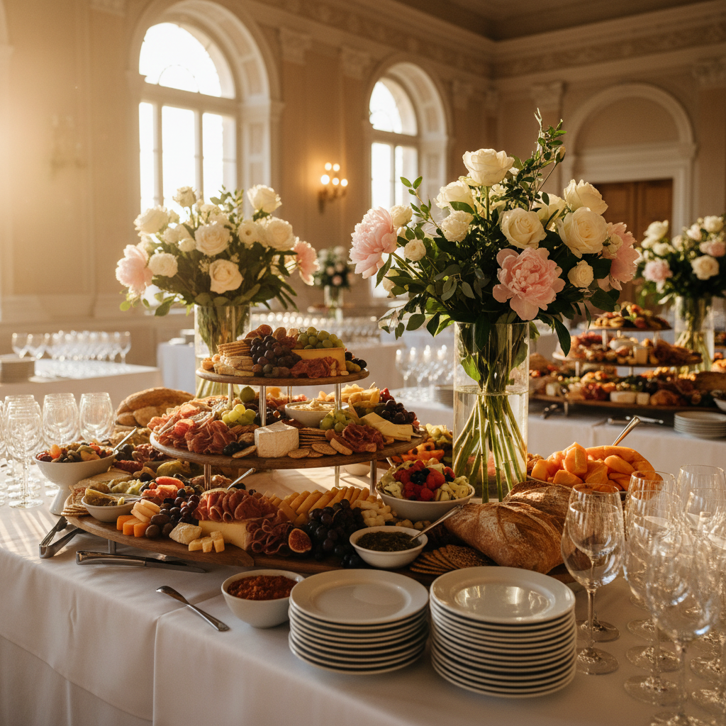 Professional conference catering with clean buffet setup and organized food stations in bright meeting venue