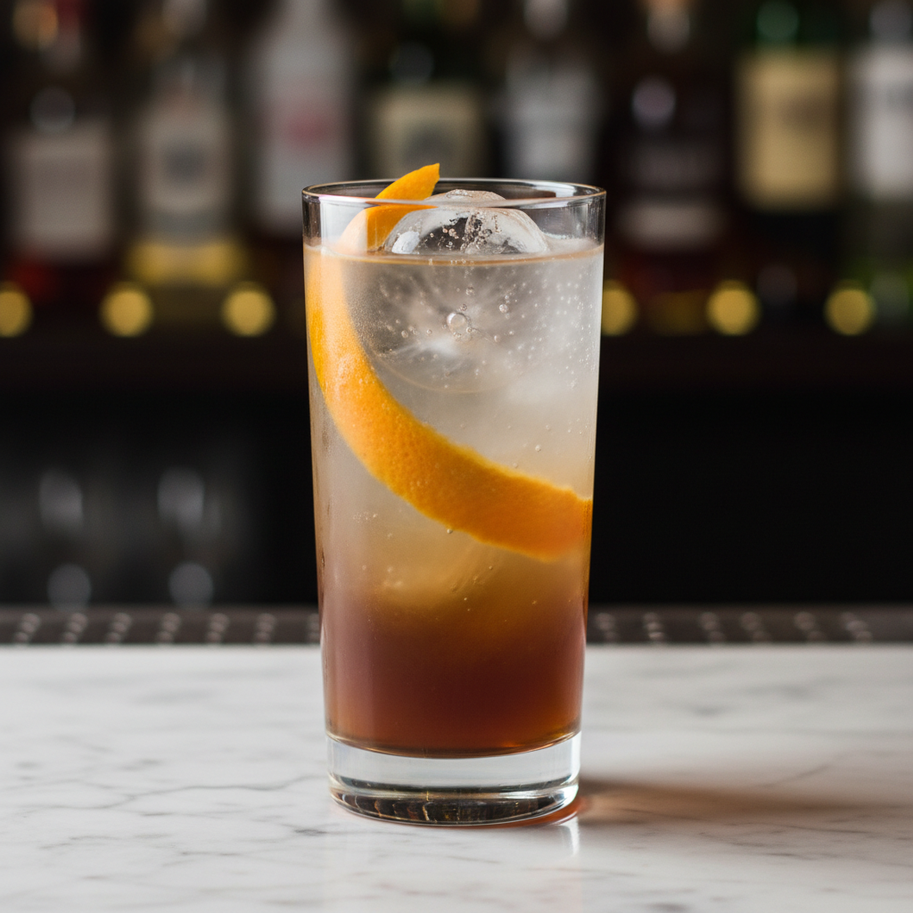 Cold brew tonic in a tall glass with ice sphere and orange peel garnish on a marble bar