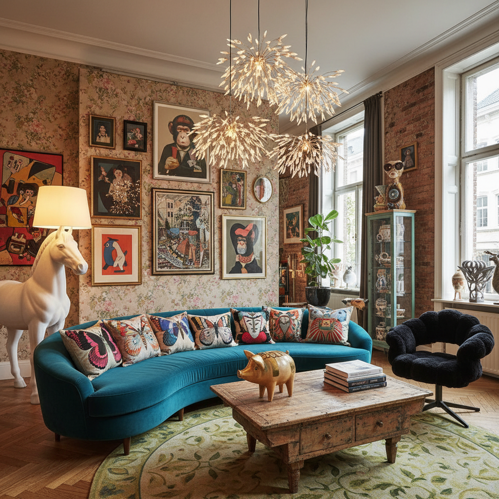 Colourful eclectic living room with curated decor and art pieces