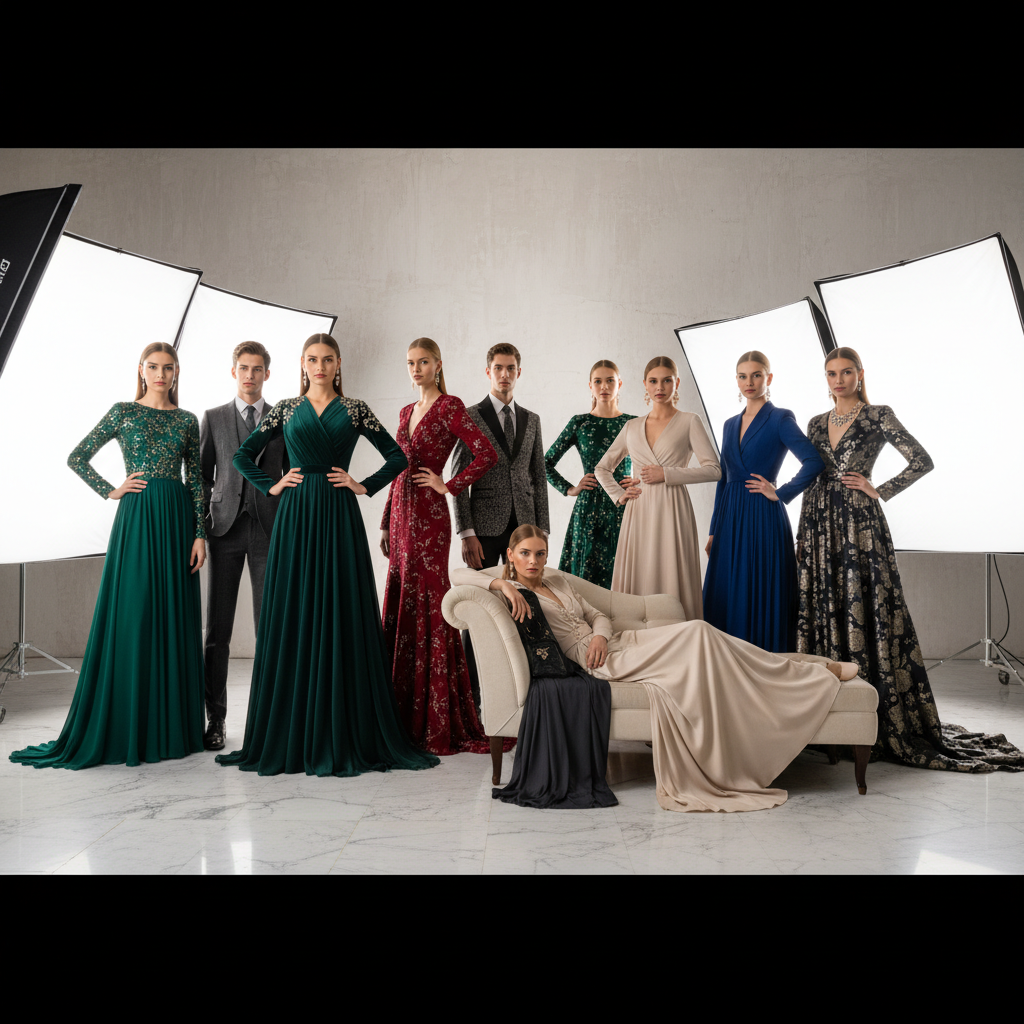 Fashion model in warm studio lighting wearing elegant clothing, soft shadows, warm beige tones