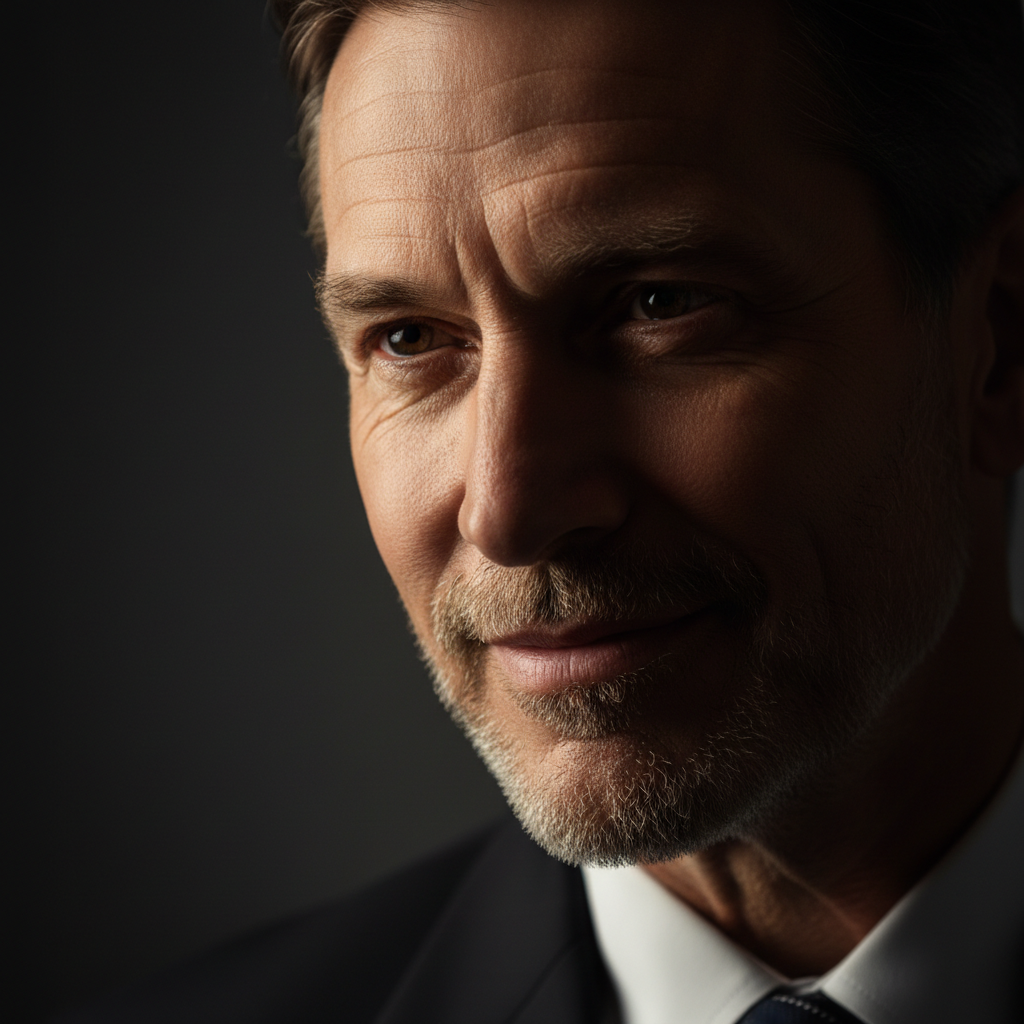 Executive professional in tailored suit, dramatic side lighting, dark atmospheric background