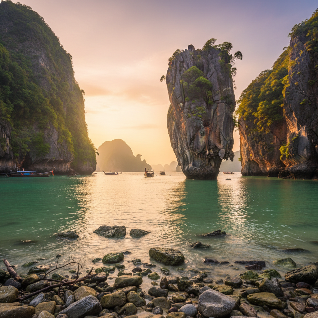 Karst limestone cliffs rising from emerald Andaman Sea at golden hour, Krabi Thailand