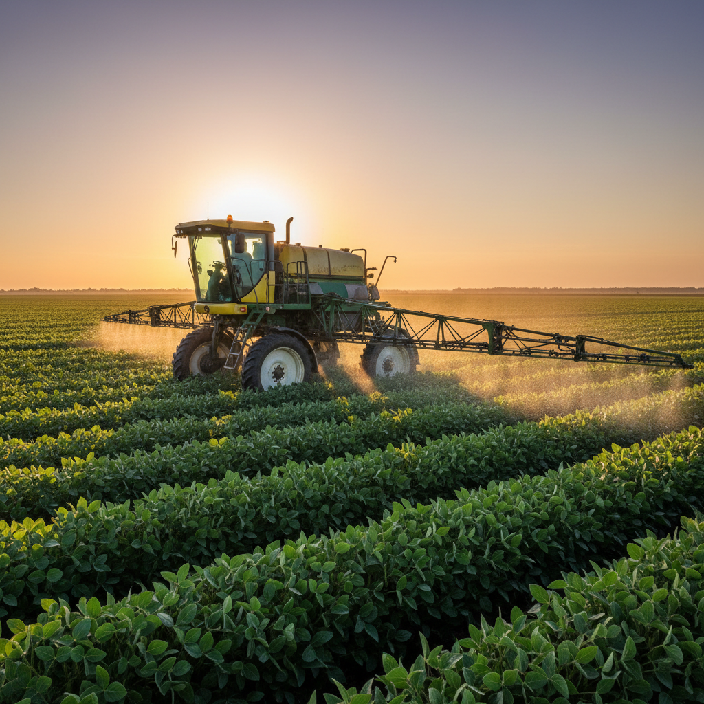 Herbicide spray on weeds in agricultural field, clear daylight, controlled application