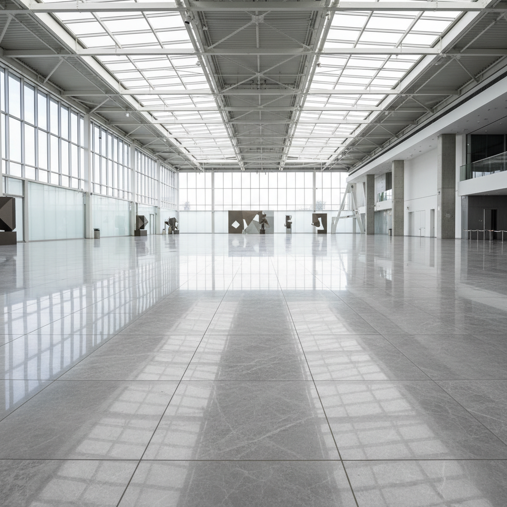 Large format ceramic granite tiles in polished grey finish for interior floors