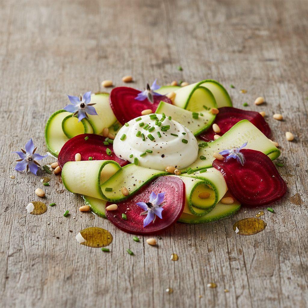 Beautifully composed raw food plate with zucchini ribbons, beet carpaccio, and cashew cream