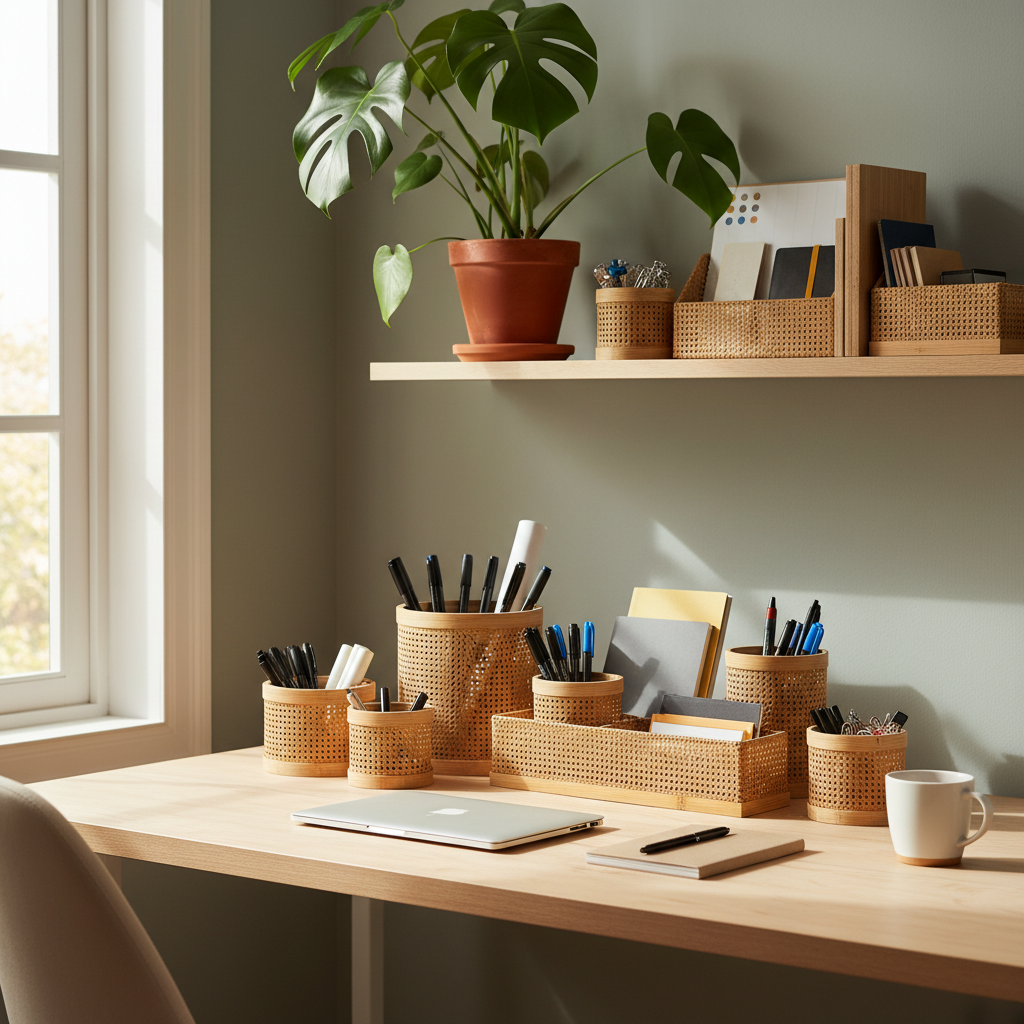 Bamboo desk organizer with stationery on bright clean desk, natural daylight
