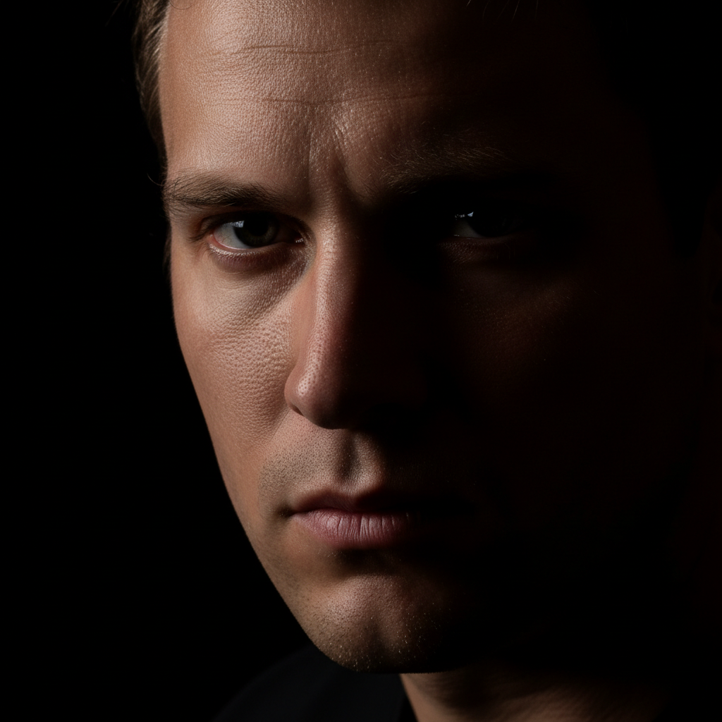 Dramatic low-key portrait with single side lighting