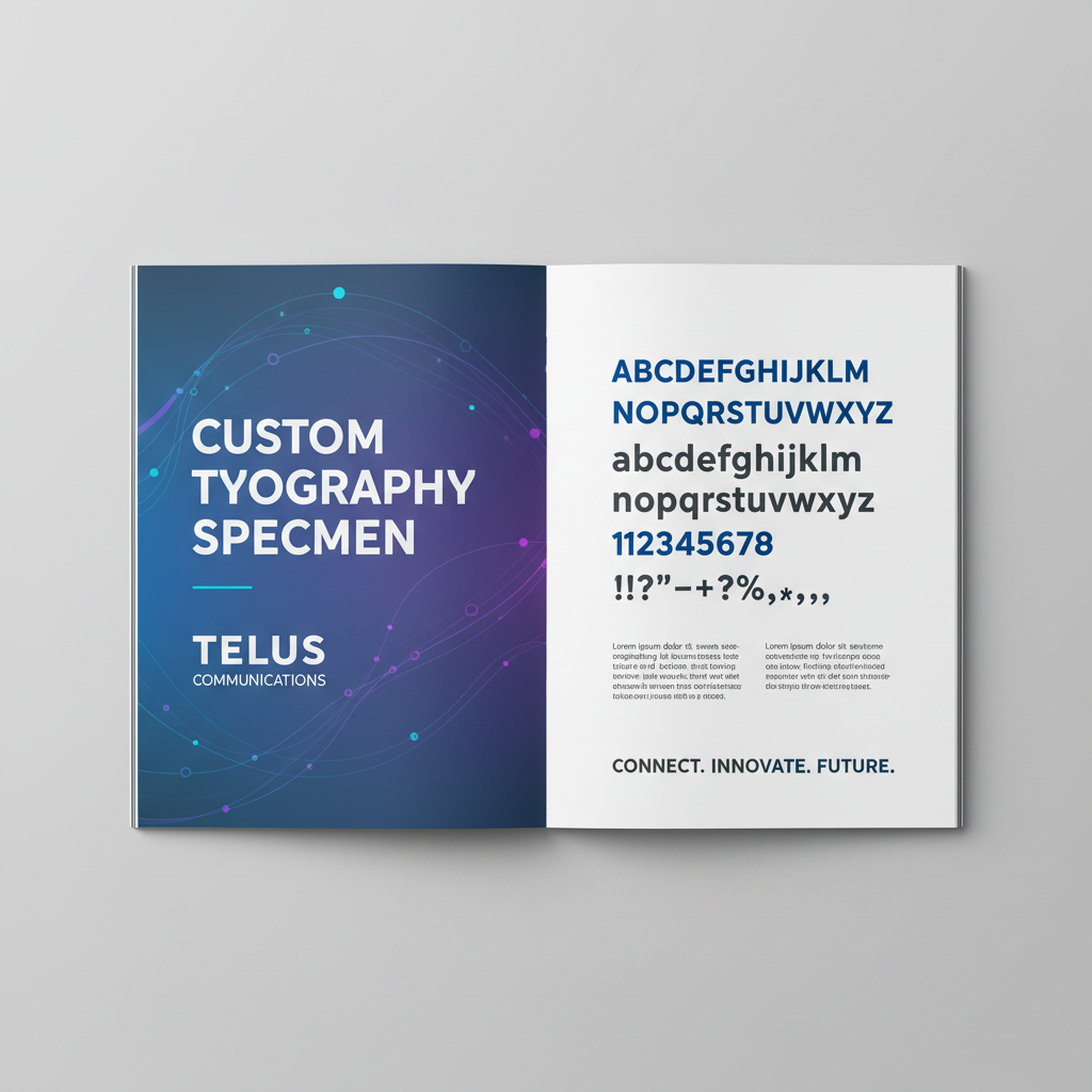 Brand guidelines spread open showing custom typography specimen for telecom identity
