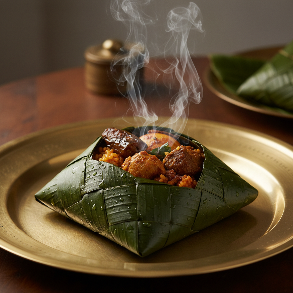 A luwombo parcel being opened at the table, steam rising dramatically from the unfolded banana leaves
