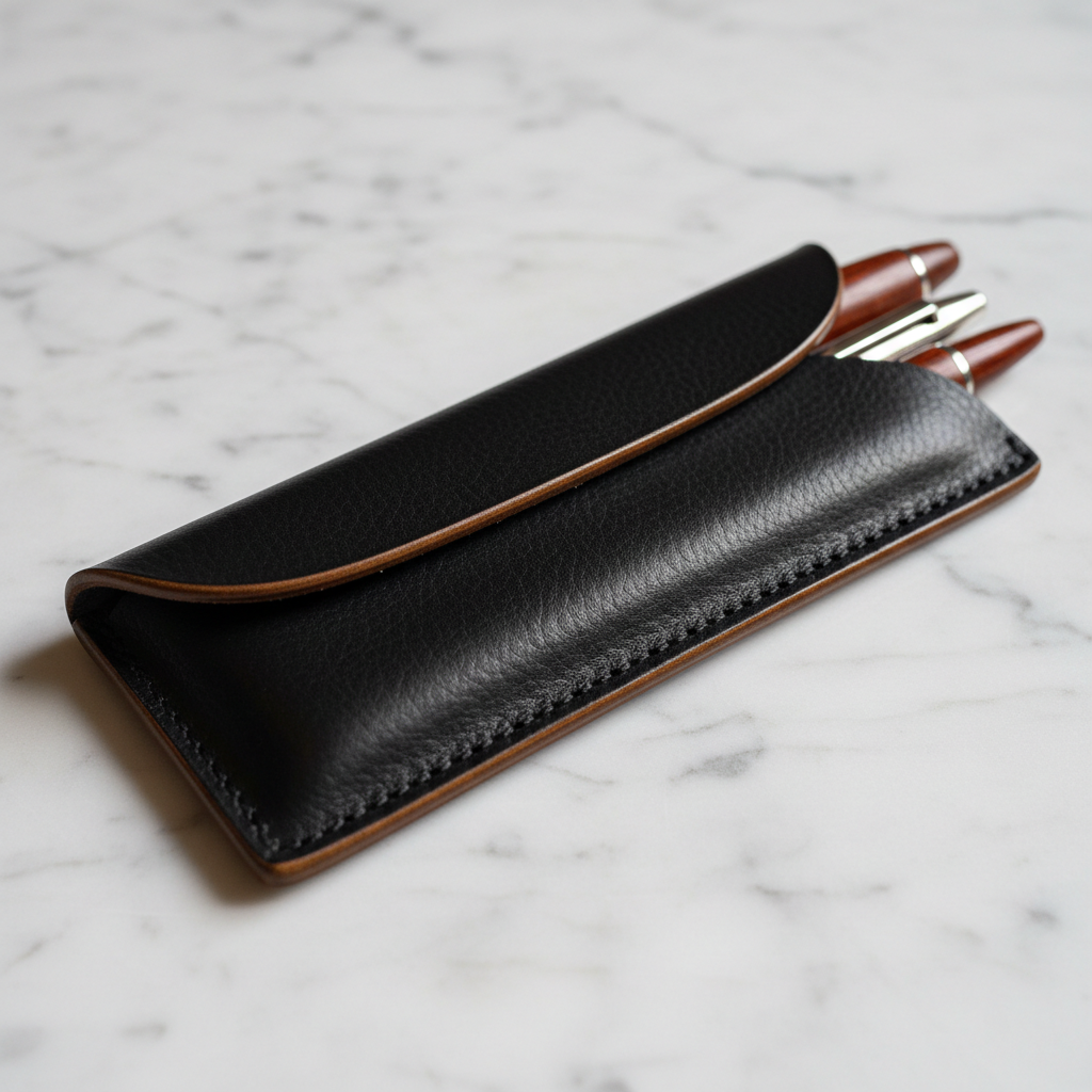 Black harness leather pen sleeve on marble surface showing burnished edges and structured form