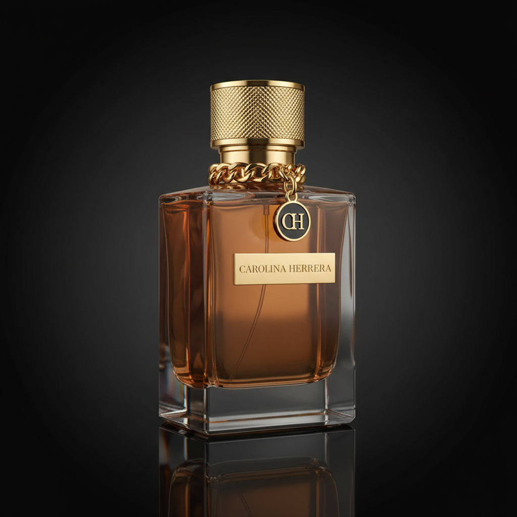 Carolina Herrera 212 VIP gold bottle on a dark background with warm golden rim light and luxury styling