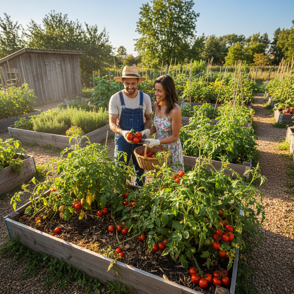 Couple harvesting tomatoes from raised garden beds on their urban homestead in Denver