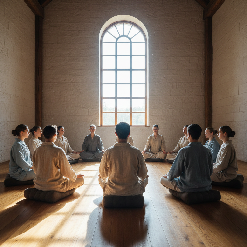 Circle of seated figures from behind, shoulders visible, hands resting on laps, light falling through a high window onto the floor between them